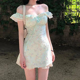 KYLETHOMASW  -  French Sweet Mint Green Floral Dress for Women Summer New Style Stunning Small Flying Sleeves Lace Waist Skirt