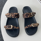 KYLETHOMASW  -  Big Size Footwear Leopard print Women Slippers Slides Shoes Female Beach Fashion Metal Buckle Ladies Flat Slippers Sandals Shoes