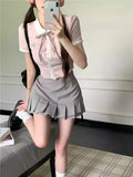 KYLTHOMASW  -   Kawaii Pink Blouse Women Preppy Style Short Sleeve Lace Up Lapel Collar Shirt Summer Fashion Slim Fit Aesthetics Clothes