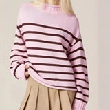 KYLETHOMASW  -  Fall/Winter Ladies Striped Warm Knitted Pullover Elegant Long Sleeve Loose Pink Sweater