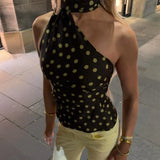 KYLETHOMASW  -  Women's Halter Neck Tops Off Shoulder Sleeveless Polka Dots Print Slim Fit Ruched Tank Tops Summer Party Club Shirts