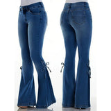 KYLETHOMASW  -  Designer Women's Flared Jeans Pants Bow Lace Up Y2k Jeans for Woman Pockets Pants Skin Tight Pant Streetwear Denim Trousers