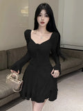 KYLETHOMASW  -  Woman Dress Sweet Sexy Flowers Long Sleeve Elegant Slim Mesh Patchwork Ruched Ruffles Party Mini Dresses Ladies