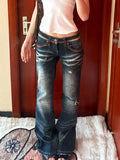 KYLETHOMASW  -  Vintage American Low Waist Straight Jeans Woman Summer Fashion Y2K Streetwear Design Pants Casual Blue Plus Size Long Denim New