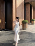 KYLETHOMASW  -  Woman Dress Sleeveless Satin V Neck Lace Patchwork Bandage Sexy Elegant Backless Mermaid Dresses Party Female Fashion
