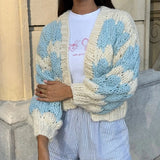 KYLETHOMASW  -  Stripe Pattern Cropped Cardigans Vintage Lantern Sleeves Knitted Sweater Aesthetic Y2k Knitwear Coat Women Autumn Outwear Street