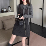 Kylethomasw Spring New Korean Lace Up Bow Solid Color Casual Long-sleeved T-shirt Women + Polka Dot Dress Two-piece Suit