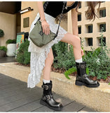 KYLETHOMASW  -  Autumn Winter Metal Belt Buckle Women Motorcycle Boots Fashion Rivet Patent Leather Platform Wedge High heels Chunky Boots Shoes