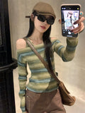 Kylethomasw Harajuku Knitted Jumper Women Striped Long Sleeve Autumn Winter Slash Neck Sweater Korean Slim Pullover Gyaru Grunge Clubwear