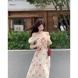 KYLETHOMASW  -  Women's Floral Print Chiffon Maxi Dress Puff Sleeve Square Neck Ruffle Trim Tie Front Long Dress for Summer