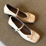KYLETHOMASW  -  Pleated Square Toe Chunky Heel Mary Jane Shoes Women Bowknot Design Elegant Designer Heels for Ladies Comfort Buckle Party Shoes