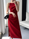 KIylethomasw Summer Korean Elegant Slim Red Sleeveless Midi Dress New Fashion Spaghetti Straps Bodycon Split Clothes Office Lady Vestidos