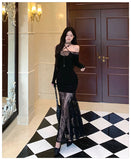 KYLETHOMASW  -  Black Patchwork Lace Sheer Sexy Ruffled Long Dress Women Elegant Chic Neck-mounted Dress Autumn Korean Bodycon Party Dress