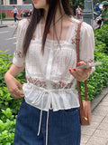 KYLETHOMASW  -  Korean Chic Summer French Ethnic Embroidery Flower Pleat Drawstring Waist Cinching Slim Versatile Short Sleeved Shirt
