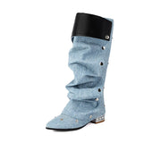 KYLETHOMASW  -  Women's Runway Denim Slouchy Boots Light Blue Chic Snap Fastener Boots Black Pearl Back Zip Modern Shoe Biggest Size 48