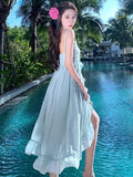 KYLETHOMASW  -  Korean Fairycore Midi Dress for Women Sweet Spaghetti Strap Halter Ruffles Birthday Party Dresses Summer Holiday Beach Vestidos