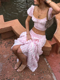 KYLETHOMASW  -  Striped Skirt Two-piece Summer New Product Bubble Sleeve Square Neck Short Top Low Waist Layered Skirt Women