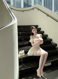 KYLETHOMASW  -  Elegant Lace Trim One Shoulder Top And Skirt Set Spring Fashion Ensemble Short Sleeve Hong Kong Style for Adults