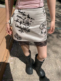 KYLETHOMASW  -  Harajuku Graffiti Letter Print Mini Skirts Women Silvery Color Stain Skirt with Lace Sexy Girl Streetwear Summer Bottoms