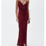 KYLETHOMASW  -  Sexy Women Ruffle V Neck Red Sling Long Dress Fashion Backless Sleeveless Elegant A-line Party Maxi Vestidos Summer