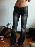 KYLETHOMASW  -  American Spice Girl Subculture Old Micro-pull Jeans Children Retro Design Sense Heavy Industry Embroidery Low-rise Floor Pants