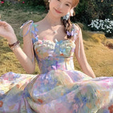 KYLETHOMASW  -  Women's Summer Long Princess Dress Butterfly Strap High Waist Oil Painting Floral Fairycore A-line Midi Sundress Female