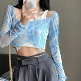 Kylethomasw American Tie Dye Print Off Shoulder T-shirts Y2k Sexy Crop Top Slim Fit Tops Women 2024 Summer Thin Mesh Long Sleeve Tee Shirt