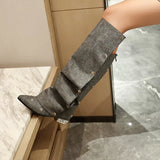 KYLETHOMASW  -  Women's Runway Denim Slouchy Boots Light Blue Chic Snap Fastener Boots Black Pearl Back Zip Modern Shoe Biggest Size 48