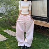 KYLETHOMASW  -  Vintage Streetwear Loose Sport Long Trousers Women Versatile Casual Elastic Waist Drawstring Wide Leg Pink Pants 086B