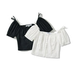 KYLETHOMASW  -  Sexy White U Collar Metal Hook Buttons Short Puff Sleeve Shirt Women Tie Bow Shoulder Center Slim Crop Tops Black