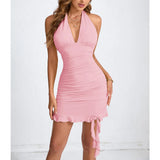 KYLETHOMASW  -  New European American Women's Sexy Halterneck Pleated Hip-hugging Ruffled Dress