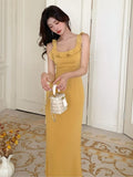 KYLETHOMASW  -  Women's Elegant Halter Sleeveless Midi Sling Dress Summer New Ruffled A-Line Slim Sexy Holiday Evening Party Bodycon Dress