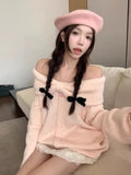 KYLETHOMASW  -  Women Off Shoulder Pink Sweet Gentle Wind Bow Soft Glutinous Sweater 2024 Women's Autumn Loose Versatile Knitted Top