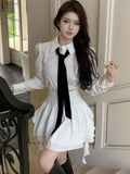 KYLETHOMASW  -  Elegant White Shirt Dresses Korean Preppy Style Long Sleeves Ruffle Party Mini Dress Slim Waist Casual Vestidos Female Outfits