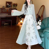 KYLETHOMASW  -  Women's Chinese Style 2-Piece Floral Dress Set Sheer Cardigan Maxi Dress