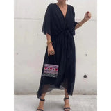 KYLETHOMASW  -  Solid Color Sash Long Dress Bat Sleeve Irregular Hemline Maxi Dress Plus Size