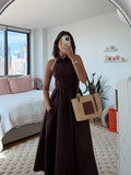 KYLETHOMASW  -  Women Waist Cinching A-line Dressess Casual Laple Single Breasted Pockets Belt Long Dress Female Summer Lady Evening Party Gown