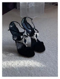 KYLETHOMASW  -  Summer new round toe open-toe metal rhinestone T-band sandals stiletto high-heeled banquet dress versatile crystal women's shoes