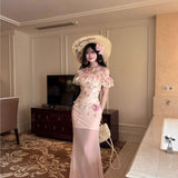 KYLETHOMASW  -  Summer Fashion Sweet Girl Ruffle Floral One Shoulder Top with Half Body Slimming Mesh Skirt