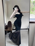 KYLETHOMASW  -  Women Dresses Sleeveless Mesh Patchwork Elegant Slash Neck Sexy Fashion Mermaid Dress Party Female French Style
