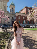 KYLETHOMASW  -  Chic Elegant Coquette Princess Pink Sakura Strapless Lace Tulle Sheer Mesh Formal Dress Women Girls Summer Evening Party Wear