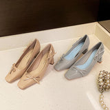 KYLETHOMASW  -  Elegant Side Bow Decoration Chunky Heel Pumps Women Luxury Patent Leather Square Toe High Heels Fashion Shallow Party Dress Shoe
