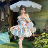 KYLETHOMASW  -  2024 Summer New Style Sweet French Dress Women's Oil Painting Smudged Floral Party Dresses Casual Lace Halter Neck Short Dresses