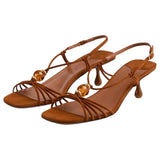KYLETHOMASW  -  Women's  Slingback Sandals Amber Bead Decor Open‑Toe Kitten Heels Thin Knotted Strap Mid‑Heel Backless Pumps Elegant