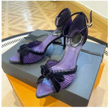 KYLETHOMASW  -  Sexy Lace Bowknot High Heels Women Pleated Designer Sandals Female Satin Pointed Toe Pumps Banquet Party Shoes Ladies
