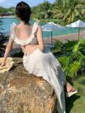 KYLETHOMASW  -  Elegant White Ruffles Womens Dresses French Square Collar Backless Sleeveless Party Dress Summer Holiday Prom Robe New Vestidos
