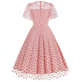 KYLETHOMASW  -  New Retro Pink Strawberry Mesh Elegant Birthday Long Dress 50s Women Flare Sleeve Summer Luxury Prom Evening Party Dresses