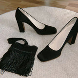 KYLETHOMASW  -  Square Toe High Heels Women Designer Chunky Vintage Heels Pumps Black Elegant Fashion Closed Toe Heels Shoes Ladies