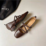 KYLETHOMASW  -  Single Shoe Women's Spring and Autumn New Leather Square Toe Cross Strap Flat Sole Single Shoe Retro Mary Jane Womens Shoes