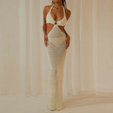 KYLETHOMASW  -  Boho Knitted Hollow Out Long Dress Sexy V Neck Backless Tie-up Halter Dress Chic Women Summer Beach Holiday Club Party Clothing
